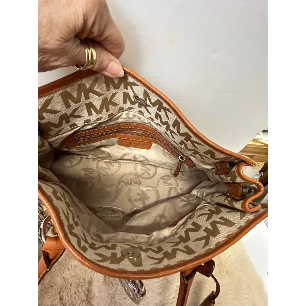 Michael Kors Hamilton Satchel Monogram Canvas Tan Leather Crossbody Bag Dust Bag